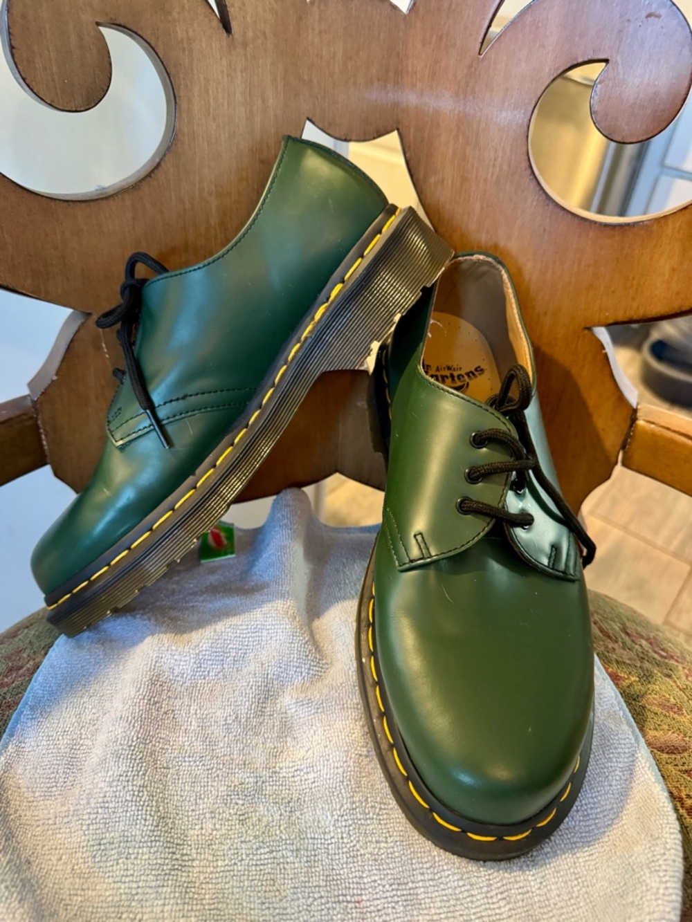 Dr. Martens Green 3-Eye Leather Oxfords with Yellow Stitching - Picture 6 of 6